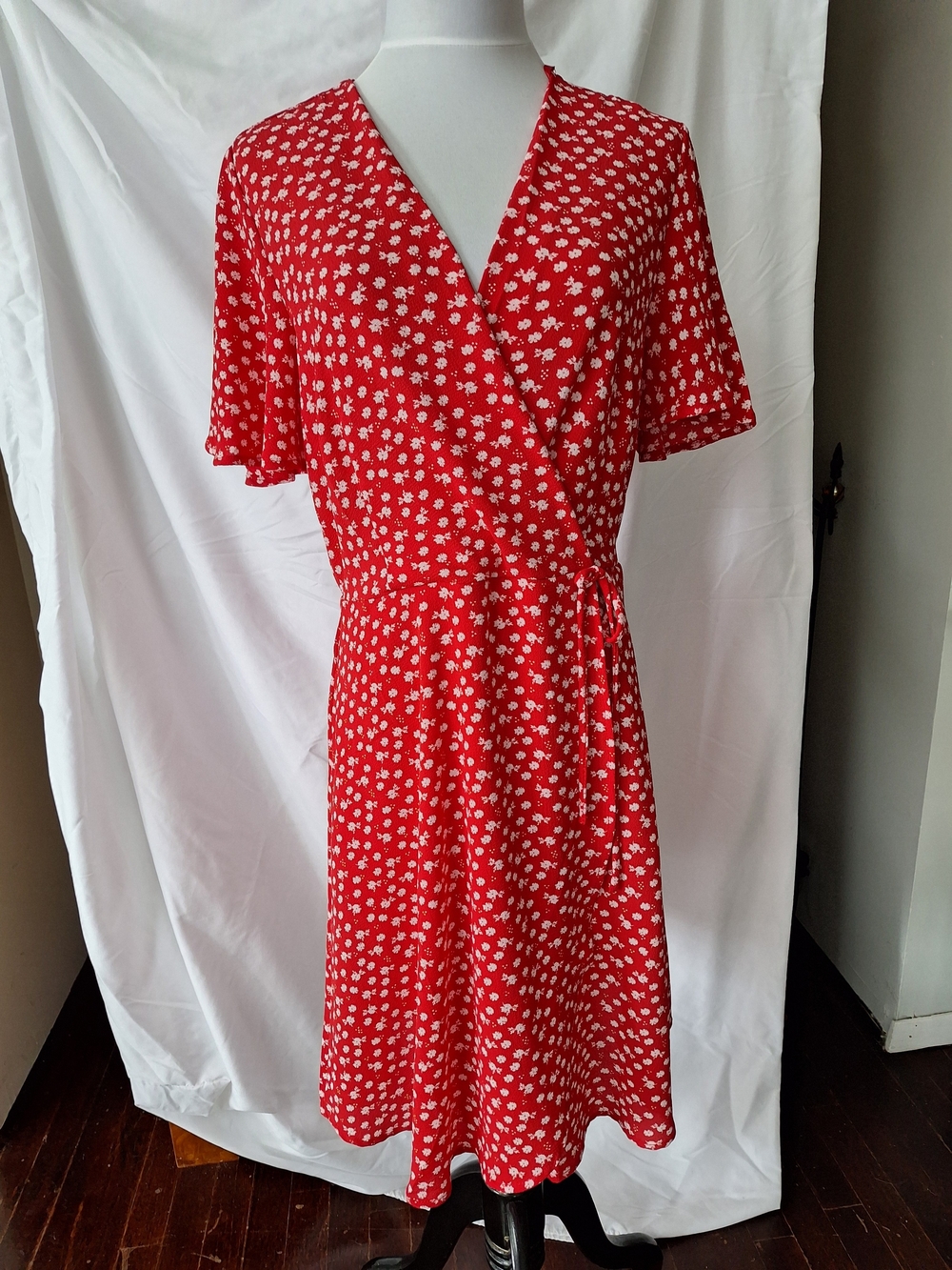 Red Floral Wrap Dress with Tie Waist